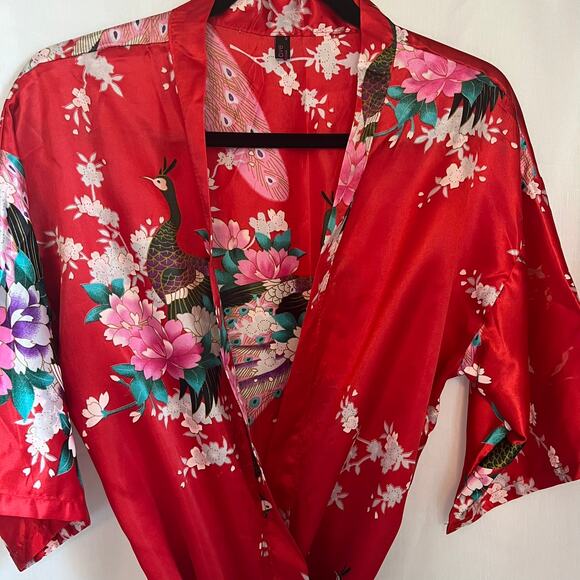 Avidlove dressing robe women’s size medium Red Colorful Peacock Floral Design - Picture 2 of 10